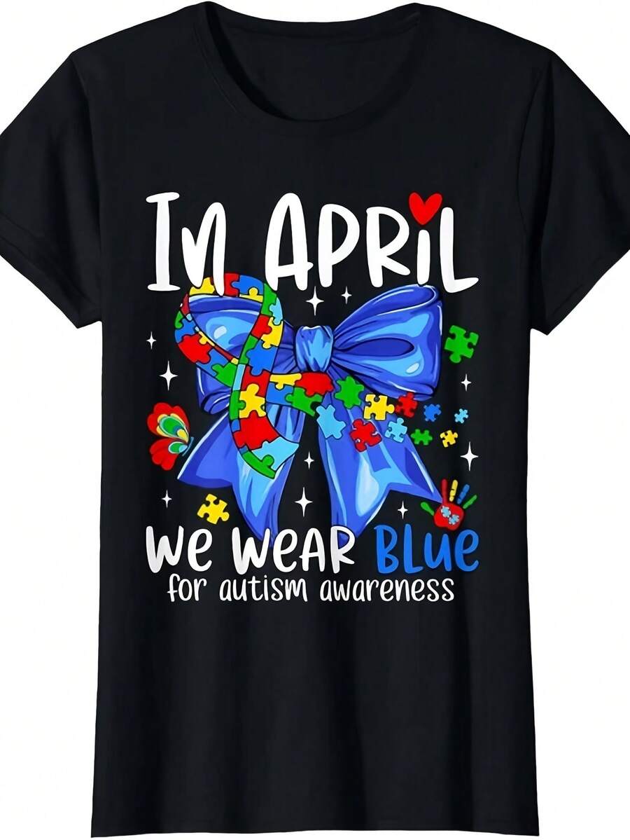In April We Wear Blue  Awareness Coquette Bow Ladies' Crewneck T-ShirtSame Style for Men and Womensummer Short-sleeved Printed T-shirt Pure