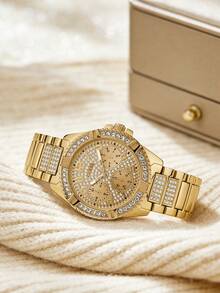 Đồng hồ nữ GUESS Luxury Gift, vỏ thép không gỉ mạ vàng bóng, mặt kính pha lê và dây đeo cao cấp đa chức năng W1156L2 - Vàng - Xem 2