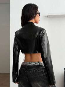 Abrigo de manga larga ajustado y corto con cremallera, de cuero negro, cómodo, estilo streetwear, rave, hippie, athleisure y Y2K para mujer, otoño - Negro - Ver 6