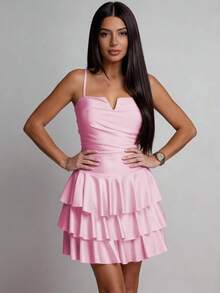 Vestido Plisado Soltero Cuello Escotado Nueva Llegada - Rosa - Ver 1