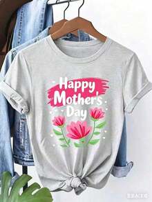 Camiseta de manga corta para mujer, estampado floral "Feliz Día de la Madre", cuello redondo, lavable a máquina, suave al tacto, transpirable, adecuada para primavera, verano y otoño. Cálido, personalizado, informal, fácil de combinar, adecuado para el uso diario. Top de Mujer en Tallas S-XXL. Adecuado para celebraciones del Día de la Madre, salidas familiares y otras ocasiones. - Gris - Ver 3