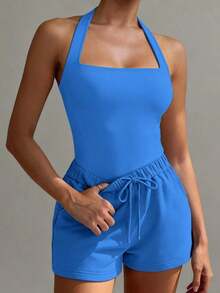 Camiseta sin espalda sexy, top de verano con cuello cuadrado elástico, ajuste casual y elegante, color amarillo para vacaciones - Azul brillante - Ver 2
