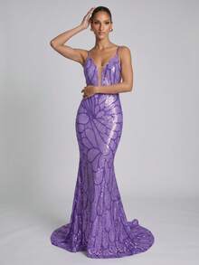 Glamorous Lavender Sequin Deep V-Neck Backless Mermaid Long Train Party Evening Gown (Front Top Half, Back Random Floral Pattern, Not Matched) Wedding - Mauve Purple - View 4