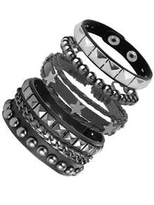 Bộ 4 vòng tay phong cách Punk Rock, vòng tay da đính gai, kiểu dáng thập niên 80, chất liệu da PU, trang sức thời trang Gothic cho Halloween dành cho nam và nữ. - màu đen - Xem 2