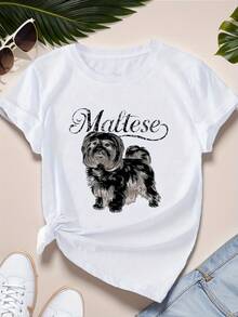 Camiseta de manga corta con estampado de perro maltés para mujer, cuello redondo, color negro, estilo casual. - Blanco - Ver 6