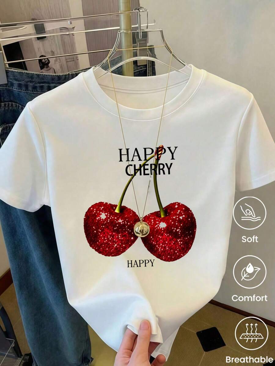 180 g Hecho en México, Moda Primavera/Verano 2026 Camiseta de manga corta, Estampado de dibujos animados, Estilo para parejas, Ropa interior/exterior, Cuello redondo informal para la oficina, Top unisex de una pieza - Blanco - Ver 1
