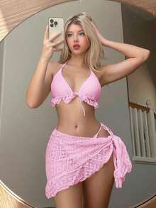 Conjunto de bikini de 3 piezas con tapa de falda, estilo de vacaciones en la playa, para mujer, con bikini halter sin espalda y encaje sexy - Rosa 2 - Ver 9