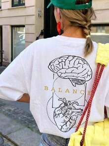 NewSummerCasual Women's Short Sleeve Crew Neck T-Shirt For Summer With "Anatomy Of The Brain And Heart" Print - BALANCE, Suitable For Street, Daily Wear, Work, Office Party, Going Out, Casual Holiday Occasions - Vintage Street Style Unisex Loose Cotton Short Sleeve Crew Neck T-Shirt - 白色的 - 查看 2