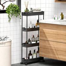 4-Tier Slim Rolling Storage Cart Storage Cart Organizer Rolling Utility Cart, Mobile Shelving Unit Slide Out Storage Shelves For Kitchen Living Room Bathroom Laundry Room & Dressers Outdoor Decor - 黑色 - 查看 6