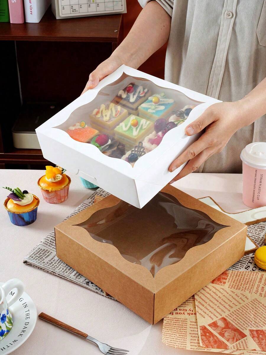 10入/組,帶透明波浪視窗的時尚蛋糕包裝盒,堅固紙板甜點展示盒,3種尺寸:8"/10"/12"帶視窗,白色烘焙盒,適用於聖誕派對甜點桌、節日禮品包裝、聖誕杯子蛋糕 - 彩色 - 查看 1