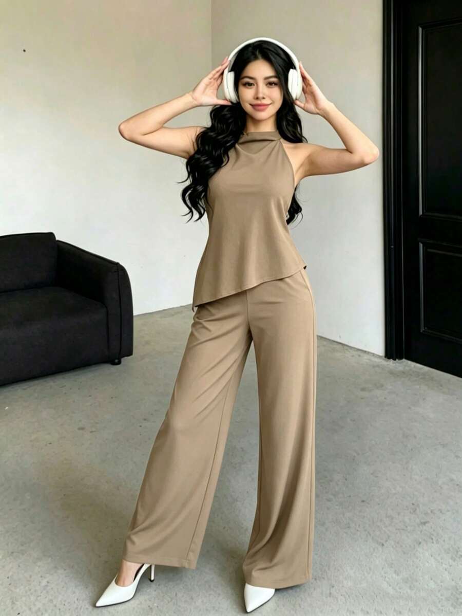 Conjunto de top halter y pantalones de color café claro, estilo sencillo para ir al trabajo - Caqui - Ver 1