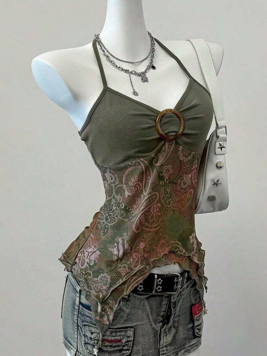 Blusa casual de mujer con cuello de corbata y estampado de anacardo, versátil para uso diario - Multicolor - Ver 1