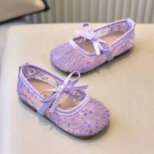 1 Pair Children Girls' Dreamy Purple Princess Flat Shoes, Suitable For Ballet Dancing, Can Be Worn In Spring, Summer And Autumn, With Mesh, Lace Pattern, Bow Design, Breathable And Comfortable, Slip-On Girls' Mary Jane Shoes, Suitable For Parties And Gifts - Purple - View 3