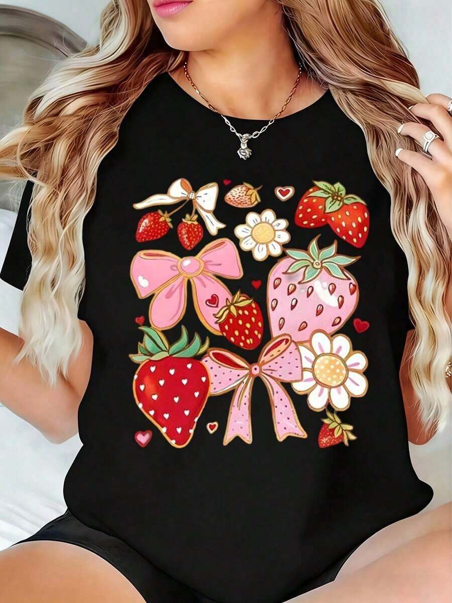 Women's Strawberry Bow Print T-Shirt, Summer Casual Wear, Sports Day Outfit, USA Independence Day Celebration For Moms. - 黑色 - 查看 1