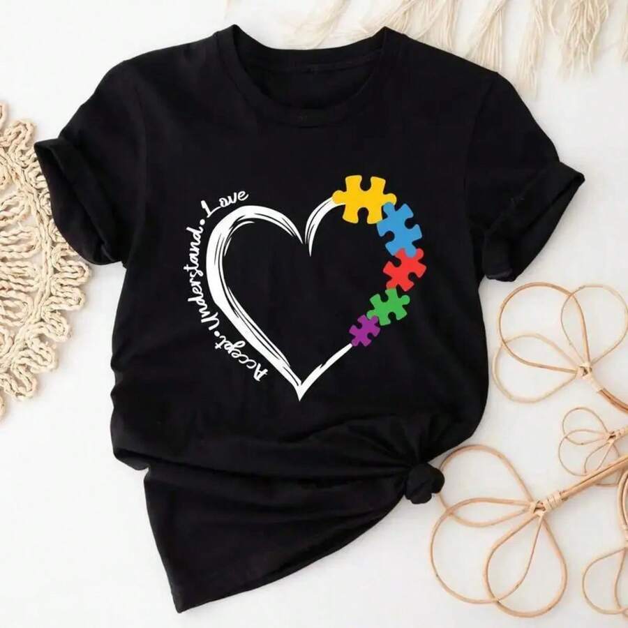 Autism Awareness T-Shirt, Accept, Understand, And Love T-Shirt, Autism Heart Sweatshirt, Cute Puzzle T-Shirt, Teacher Gift, Special Education Teacher Sweatshirt, Mom Gift. Casual Fabric - 黑色 - 查看 1