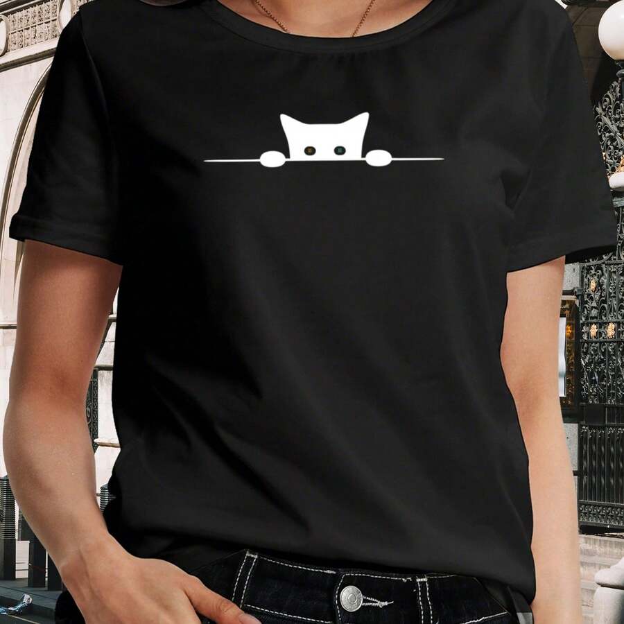 Women's Cat T-Shirt - Short Sleeve Top For Cat Lovers, Casual Crew Neck, Soft And Breathable Fabric Ideal For Casual Outfits, Cute Weekend Clothes, Comfortable For All Seasons, Machine Washable, Loose Fit, Opaque Material - 黑色 - 查看 1