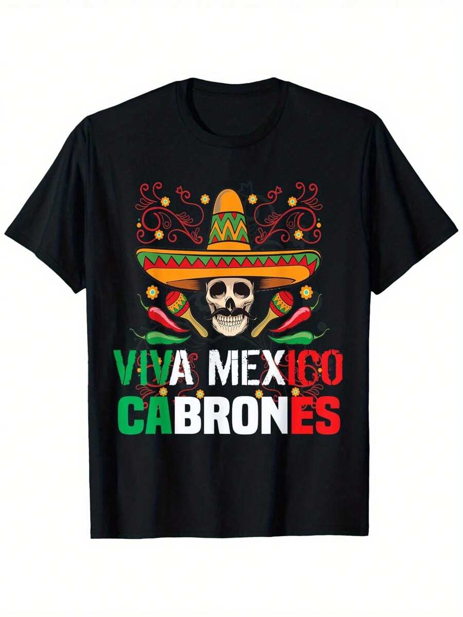 Camiseta Divertida de Fiesta Mexicana para Hombres y Mujeres - Diseño "Viva México Cabrones" con Sombrero, Banda Mariachi & Chile Picante, 100% Algodón Casual Cuello Redondo Manos Cortas Ideal Para Fiestas, ¡Atuendo Informales Y Evento Cultural!(Tallas S-XXXL) Ligeramente Elástica Lavable a Maquina Cómoda 4 Estaciones Imprent Vibrante Con Guitarrilla ¡Para Adultos, ¡Unisex Tamaños Completísima! - Negro - Ver 1