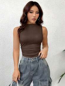 Body sin mangas de unicolor minimalista y de moda para mujer, de verano - Café integral - Ver 6