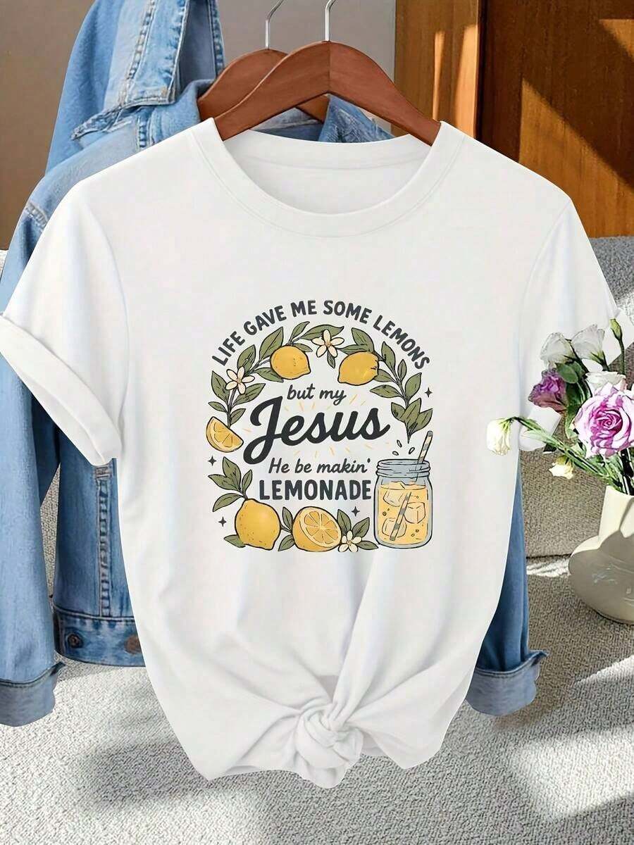 2026 New Women's Pure Cotton Crew Neck T-Shirt, Graphic Print T-Shirt "LIFE GAVE ME SOME LEMONS, BUT MY JESUS MADE ME LEMONADE", Black T-Shirt With Knotted Hem And Lemon And Lemonade Illustrations, Casual Cotton T-Shirt For Christian Lovers, Lightweight Summer Clothing For Everyday Wear. 100% Pure Cotton, Versatile And Comfortable For Everyday Wear In Spring And Summer. Breathable And Comfortable. - 白色 - 查看 1