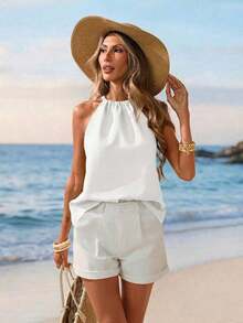 Camiseta de tirantes de algodón de unicolor y versátil para mujer, adecuada para primavera y verano - Blanco - Ver 2