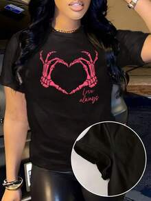 Camiseta con Estampado Gráfico de San Valentín, Cuello Redondo, Camiseta Casual de Manga Corta para Primavera y Verano, Ropa de Mujer - Negro - Ver 1