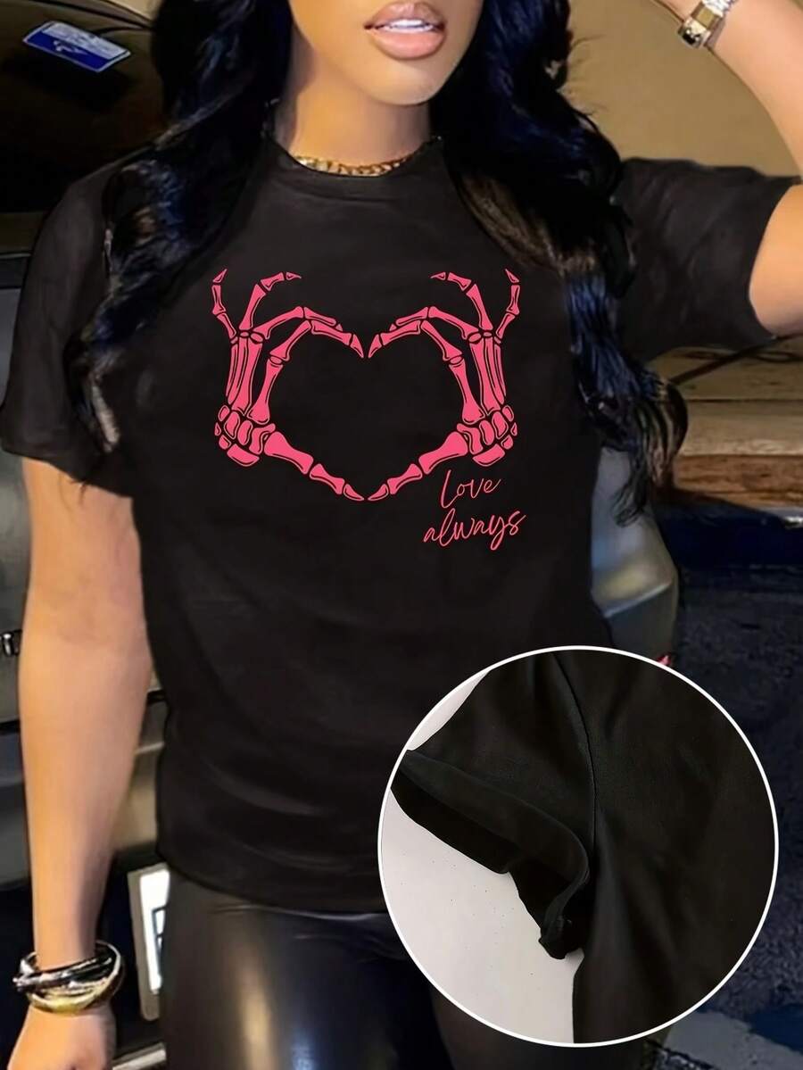 Camiseta con Estampado Gráfico de San Valentín, Cuello Redondo, Camiseta Casual de Manga Corta para Primavera y Verano, Ropa de Mujer - Negro - Ver 1