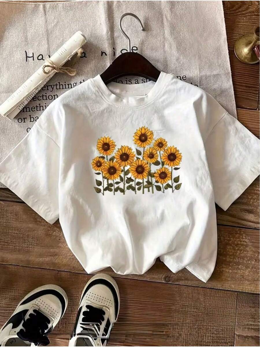 -enkel sommar-t-shirt med solrostryck, lös och bekväm, för män - Vitt - Visa 1