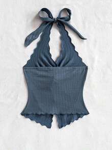 Camiseta sin tirantes sexy y con estilo, con nudo, bajo con abertura y espalda abierta - Niebla azul - Ver 2