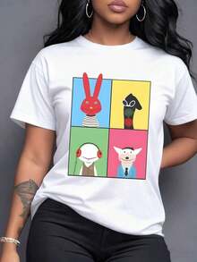 Mosaico vibrante con conejo rojo rayas criatura gafas argyle personaje auriculares perro traje corbata fondos coloridos Arte pop divertido expresando individualidad y humor Camiseta de mujer 220g,Manga corta casual. - Blanco - Ver 7