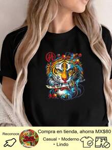 Women's All-Over Print Sports T-Shirt, Plus Size, Round Neck, Loose Fit, Machine Washable, Vintage Urban Fashion Design, Suitable For Daily Outfits And Everyday Use, Comfortable, Soft And Breathable - 黑色 - 查看 1