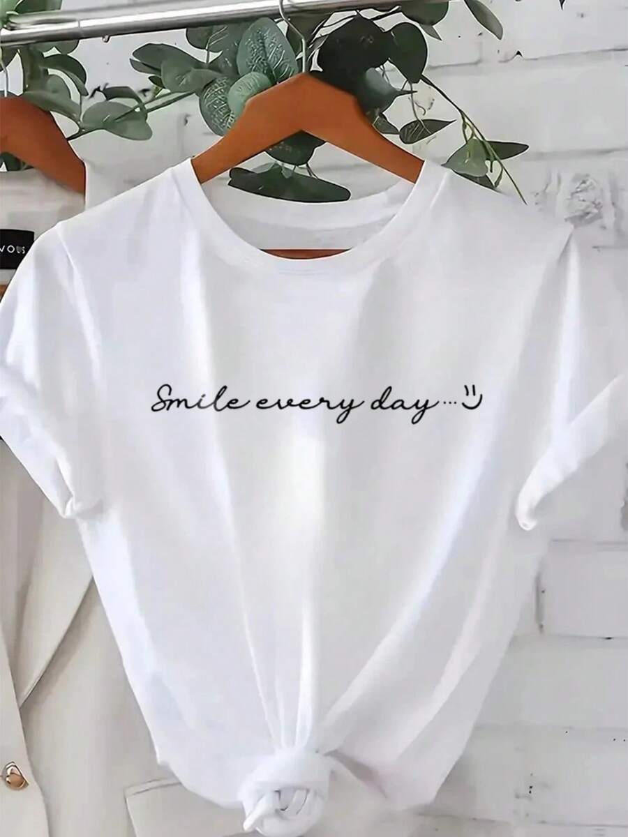 Women's Crew Neck T-Shirt With Letter And Cartoon Print, Simple Design, Comfortable And Breathable, Ideal For Everyday Leisure And Versatile, Showcasing A Natural And Elegant Style, A Must-Have For Summer Parties, Local Delivery - 白色 - 查看 1