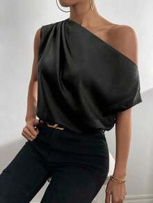 Blusa de satén con cuello asimétrico y hombro descubierto - Negro - Ver 7