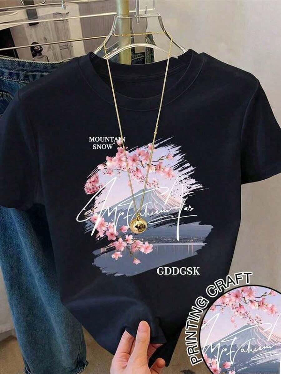 Snowy Cherry Blossom, Minimalist Neutral Punk Style, Loose Crew Neck, Lightweight, Pure Cotton, Skin-Friendly, For Spring/Autumn, Casual For Dates And Outdoor Activities. Loose, Casual And Versatile Top T-Shirt - 黑色 - 查看 1
