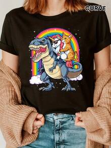 Fashionable Letter Print T-Shirt With Unicorn Cat Riding A Dinosaur Design, Short Sleeve, Round Neck, Casual Top For Summer And Spring, Women's Clothing - Black - View 2