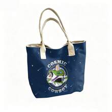 Miniso Disney Toy Story Buzz Lightyear Cosmic Cowboy Canvas Tote Bag, Navy Blue Star Print Shoulder Bag For Daily Use - White - View 4