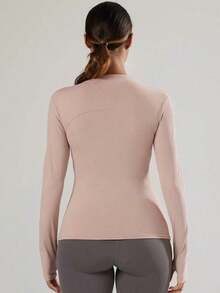 Chaqueta de manga larga para mujer con agujeros para el pulgar, 2 bolsillos, parte superior deportiva para correr y hacer ejercicio, color negro, primavera - Rosa vieja - Ver 2
