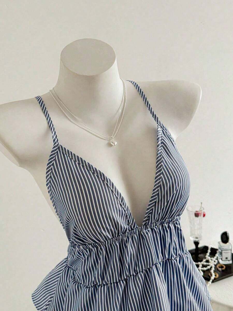 Camiseta de tirantes de mujer a rayas, sencilla y de moda, adecuada para el verano - Niebla azul - Ver 1