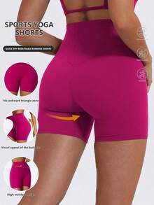 1 pieza Pantalones cortos de yoga elásticos de color nude, adecuados para correr, fitness, ciclismo y otros deportes, pantalones cortos ajustados transpirables y de secado rápido para mujeres en color negro - Rosa Fucsia - Ver 7