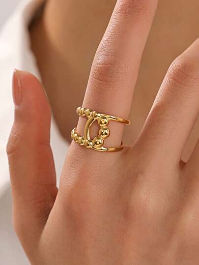 1pc Stainless Steel 18K Gold Plated Minimalist Beaded Line Criss-Cross Open Ring, Suitable For Women's Daily And Party Wear