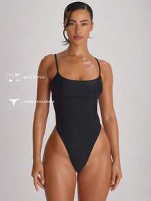 Resort Traje de baño con cuello recto, tirantes y corte alto en la pierna, tipo cheeky.Traje de baño básico unicolor para vacaciones, verano y viajes a la playa. - Negro - Ver 1