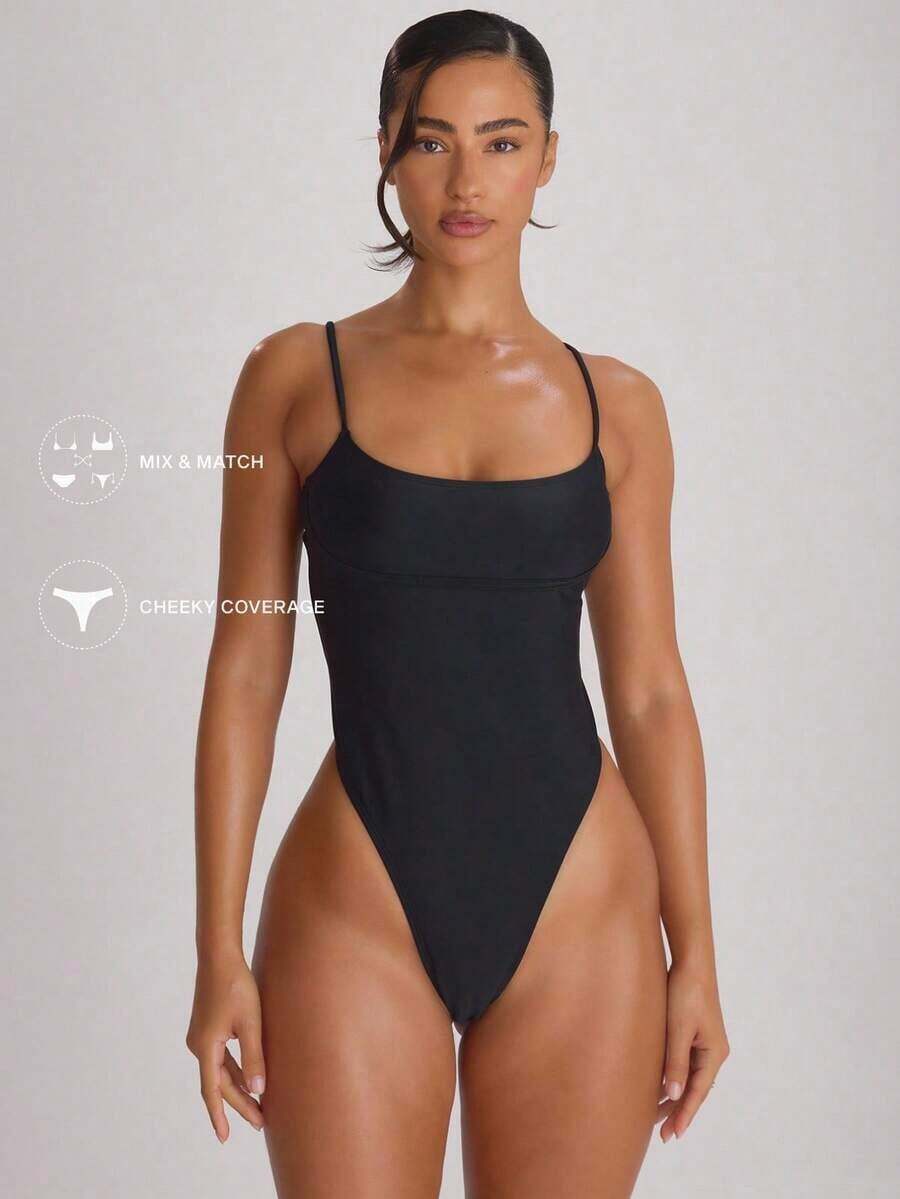 Resort Traje de baño con cuello recto, tirantes y corte alto en la pierna, tipo cheeky.Traje de baño básico unicolor para vacaciones, verano y viajes a la playa. - Negro - Ver 1