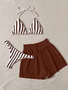 3 piezas de bikini - Bottom a rayas azul y blanco, shorts de cubrir blancos, ropa de playa casual para vacaciones de primavera/verano, fiesta en la playa - Café integral - Ver 2