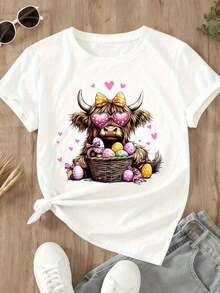 1 Piece Women's Easter Highland Cow Print T-Shirt With Heart Glasses And Easter Egg Basket, Cute Spring Animal Print Graphic Tee, Fun Festive T-Shirt, 180g 100% Cotton - 白色 - 查看 4