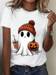 Halloween, Day Of The Dead Women's Plus Size Graphic T-Shirt - Pumpkin And Bat Print, Loose Fit With Short Sleeves And Crew Neck, Breathable Sweat-Wicking Fabric, Unisex Gift For Spring, Summer And Year-Round Wear - 白色底橙色 - 查看 11