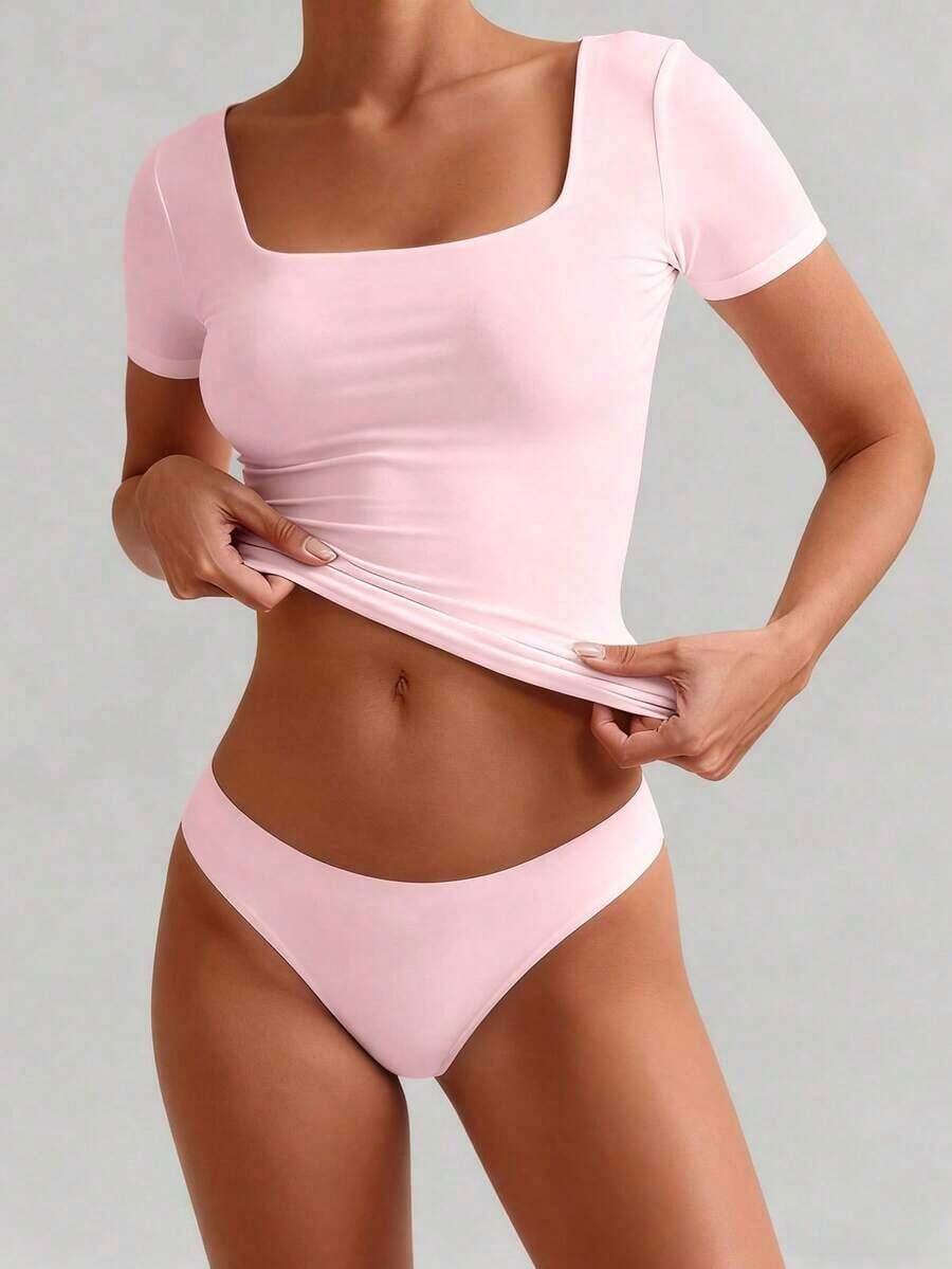 Camiseta ajustada de manga corta con cuello cuadrado de unicolor básico para mujer, blanco casual de verano - Rosa Pálido - Ver 1