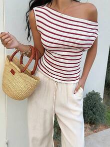 Camiseta de estilo vacacional con hombros asimétricos, diseño asimétrico, textura a rayas y cintura estilizante para mujer - Rojo y blanco - Ver 4
