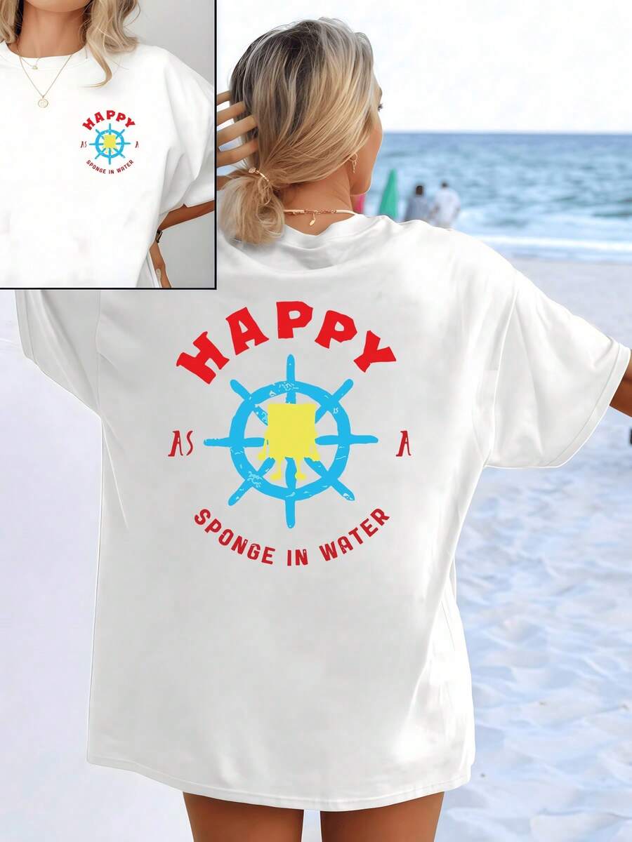 Blue Wheel With Yellow Figure Representing The Joy Of The Sea And Freedom In Every Movement Under Red Letters That Transmit Positive Energy. Women's T-Shirt With Double Print Inspired By Happy Days By The Ocean - 白色 - 查看 1