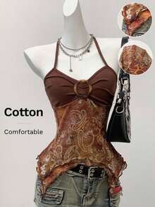 Blusa casual de mujer con cuello de corbata y estampado de anacardo, versátil para uso diario - Marrón - Ver 3