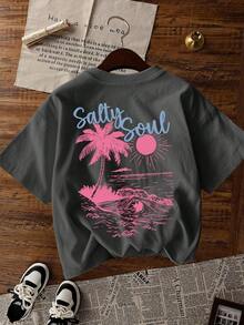 SALTY SOUL Women's Short Sleeve Crew Neck T-Shirt With Tree And Sun Print, Casual Style, Perfect For Beach Vacations, Spring/Summer, Fashionable, Your Essential Item For Everyday Vacation Wear. Women's Graphic Vacation T-Shirt - 深灰色 - 查看 5