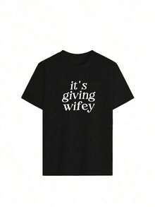 "It's Giving Wifey" Plus Size Crew Neck Short Sleeve T-Shirt - Bridal T-Shirt, Newlywed T-Shirt, Engagement Gift, Casual White Summer Honeymoon T-Shirt - 黑色 - 查看 3
